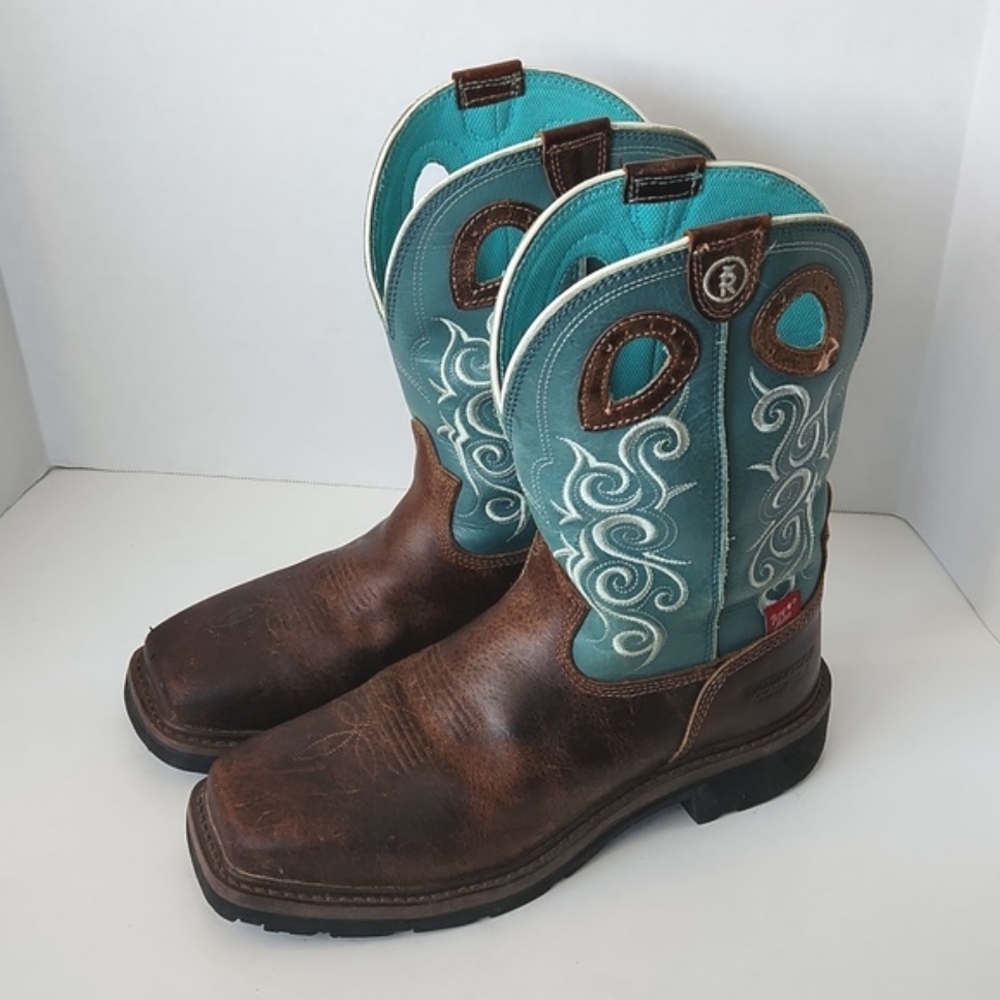 Tony Lama Women's Western Steel Toe Pull on Boots Brown & Turquoise Leather 8.5B